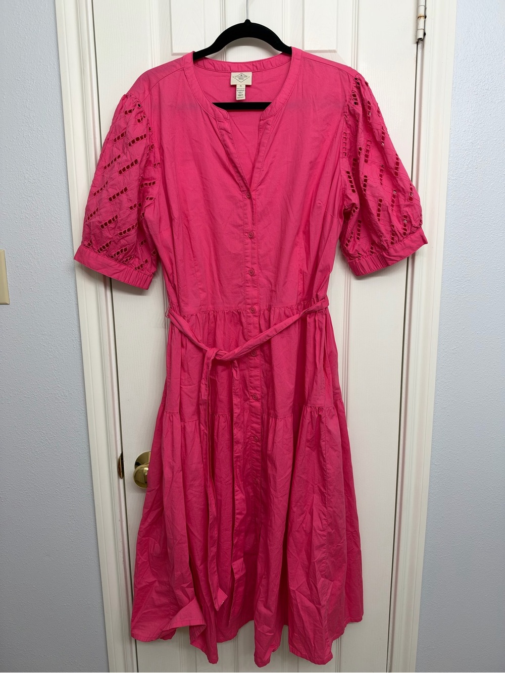 St. John’s Bay Bright Pink Women’s Button-Front Midi Dress with Tie Waist